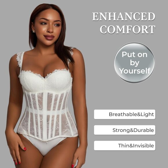 Women's White Lace Underbust Corset Lace Up Waist Trainer  Shapewear Body Shaper - Picture 4 of 5